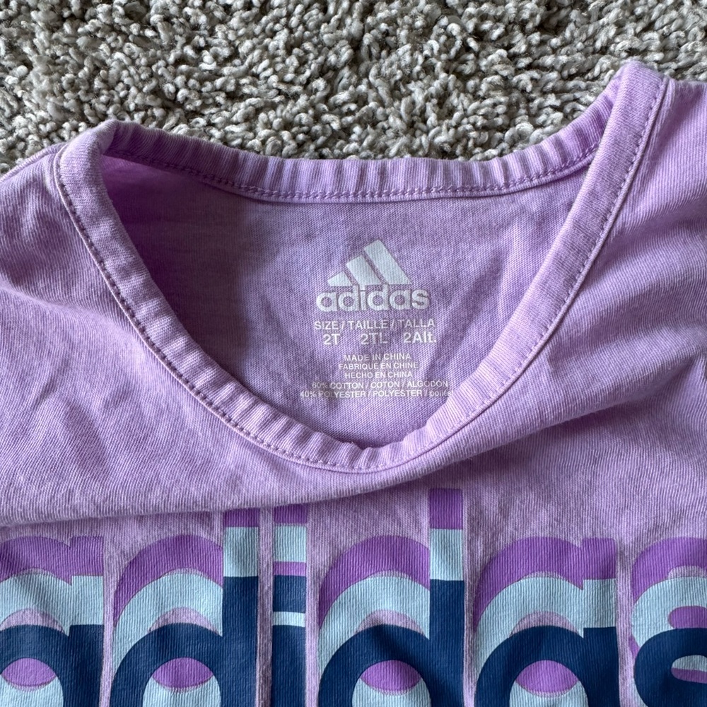 Adidas Toddler Girl Outfit – Purple Tee & Blue Shorts Graphic Tee – Size 2T - Picture 4 of 6